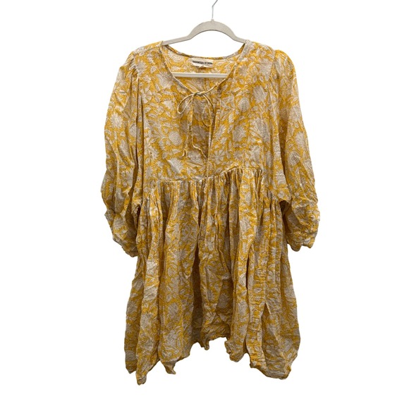 Daughters of India Dresses & Skirts - Daughters of India Kyra Mini Dress Yellow Floral Print Boho Cotton Womens XL